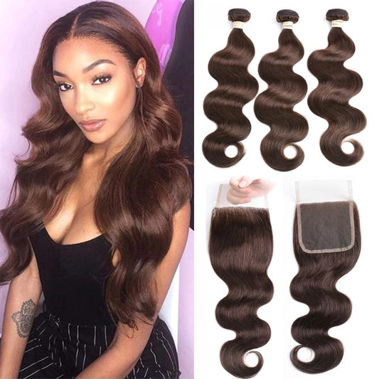 #4 Brown Body Wave 3 Bundles With 4X4 Lace Closure 100% virgin human hair